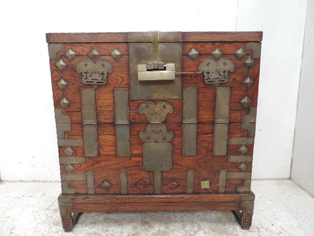 Antique Korean Teak / Hardwood Chest with Ornate Bound Brass Hinges & Lock