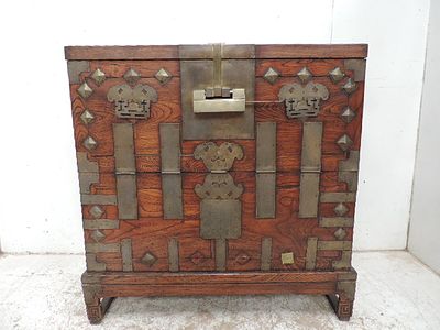 Antique Korean Teak / Hardwood Chest with Ornate Bound Brass Hinges & Lock