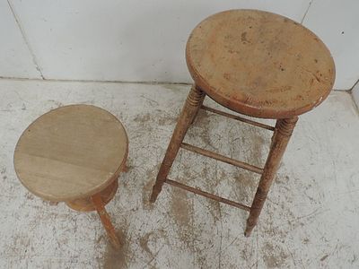 Antique Turned Elm Circular Top Bar Stool Plus One Other