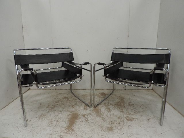 Pair of Mid Century Marcel Breuer Knoll Wassily Chrome & Black Leather Chairs