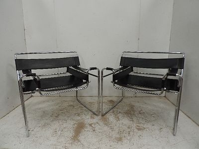 Pair of Mid Century Marcel Breuer Knoll Wassily Chrome & Black Leather Chairs