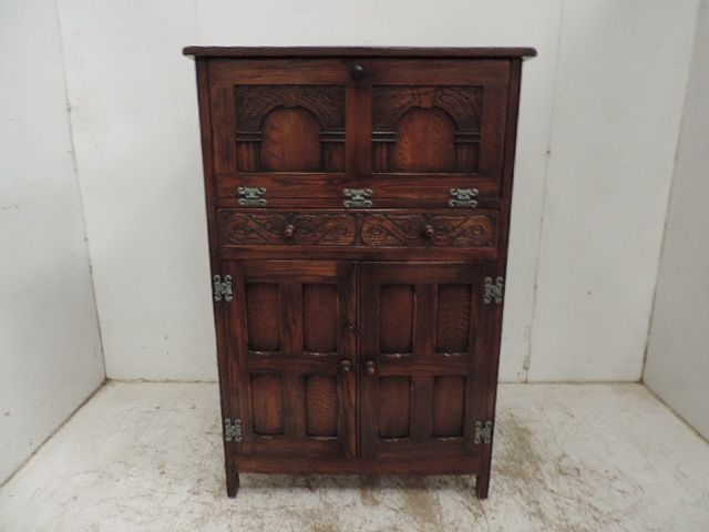 Tudor Style Carved Oak Panels Fall Front Cocktail Cabinet