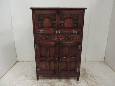 Tudor Style Carved Oak Panels Fall Front Cocktail Cabinet