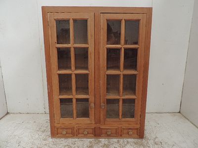 Polished Pine Two Glass Front Two Door Kitchen Cupboard with Four Spice Drawers Below