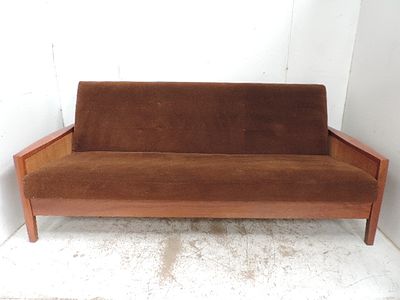 Mid Century Teak Framed Upholstered Folding Settee / Sofa Bed
