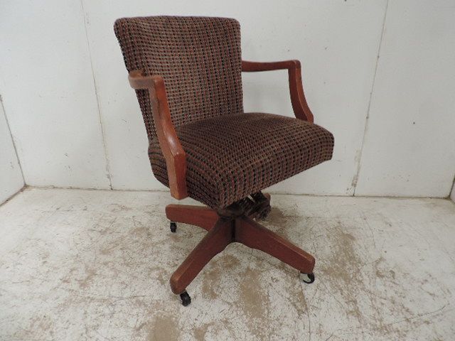Mid Century Upholstered Office Armchair on Wooden Four Point Swivel Base