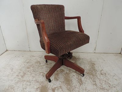 Mid Century Upholstered Office Armchair on Wooden Four Point Swivel Base