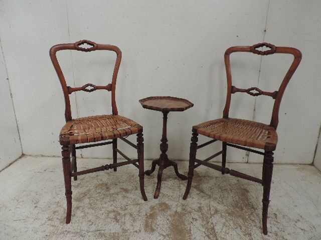 Pair of Victorian Wicker Seat Occasional / Bedroom Chairs Plus Small Tripod Table