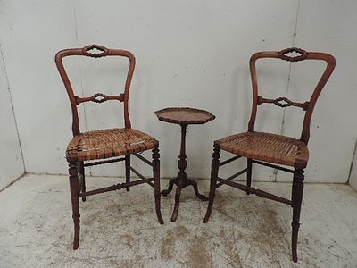 Pair of Victorian Wicker Seat Occasional / Bedroom Chairs Plus Small Tripod Table