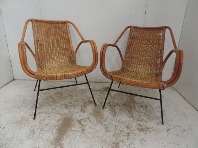 Pair of Mid Century Wicker Work Armchairs on Steel Work Frame Legs