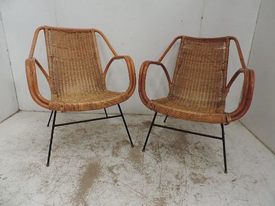 Pair of Mid Century Wicker Work Armchairs on Steel Work Frame Legs