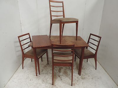 Mid Century McIntosh Furniture Teak Extending Dining Table with Extra Leaf Plus Set of Four 