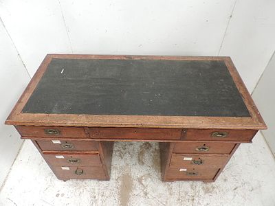 19th Century Campaign Mahogany Inset Brass Handles Twin Pedestal Desk with Writing Top