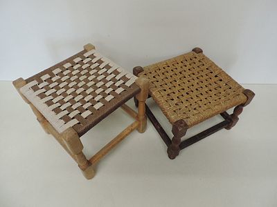 Two Vintage String Top Wooden Frame Foot Stools