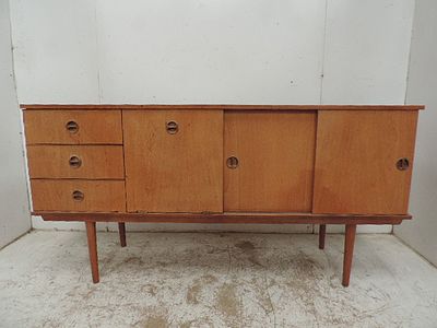 Mid Century Teak Sideboard of Three Drawers & Three Doors on Slender Legs
