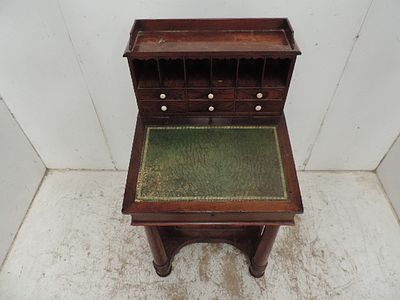 Early 19th Century Mahogany Small Ladies Desk with Stationary Drawers & Tooled Leather Top