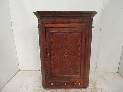 Georgian Oak & Satinwood Marquetry Hanging Corner Cabinet with Three Drawers