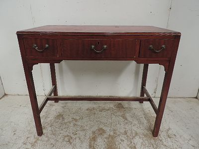 Mid 20th Century Mahogany Three Drawer Writing / Side Table with Red Leather Tooled Top