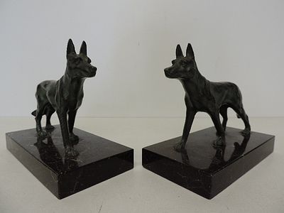 Pair of Early 20th Century 5" Bronze Standing German Shepherd Gogs on Marble Bases