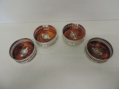 Two Pairs of Inlay Silver Plate & Tortoise Shell Style Pierced Wine Coasters