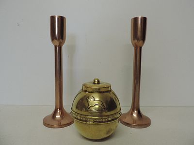 Pair of Copper 10" Candle Sticks Plus British Empire Exhibition 1924 Liptons Brass Tea Caddy