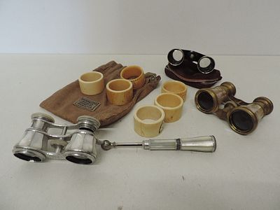 Three Sets of Opera Glasses Plus Set of Six Carved Bone Napkin Rings