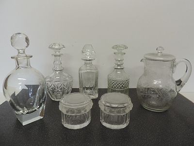 Four Glass Spirit Decanters Plus Covered Water Jug & Pair of Signed Lalique Covered Glass Jars