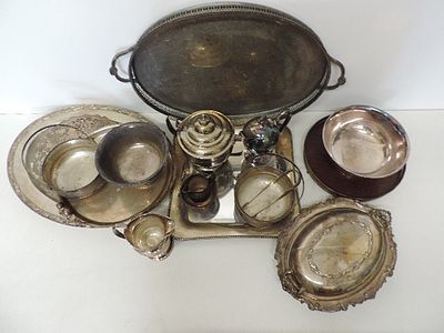 Four Silver Plate Trays Plus Covered Vegetable Dish, Tea Pots & Bowls etc.