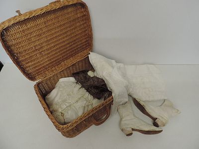Basket of Victorian Lace etc. Plus Pair of Victorian Ladies Heeled White Leather Boots