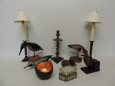 Four North American Carved Wood & Decorated Birds on Stands, Asian Gilt Bronze Hand of Buddha 