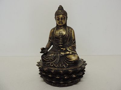 Oriental Gilded Bronze Buddha on Lotus Leaf Stand 7"