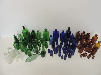 Large Collection of Victorian Clear & Coloured Glass Small Pharmacist's Medicine Bottles
