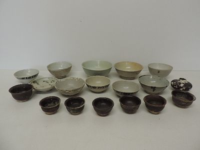 Eighteen Antique Oriental Monochrome & Others Tea Bowls from Famous Shipwrecks