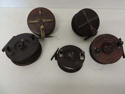 Five Antique Wooden Fishing Reels