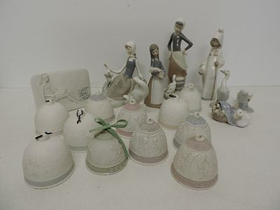 Eight Lladro Figures Plus Eleven Porcelain Bells