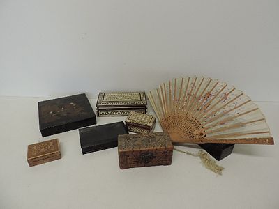 Seven Various Antique Inlaid & Decorated Boxes Plus Decorated Fan