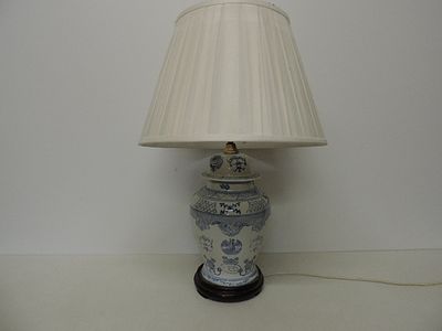 Oriental Blue & White Covered Jar Table Lamp Base with Shade 26"