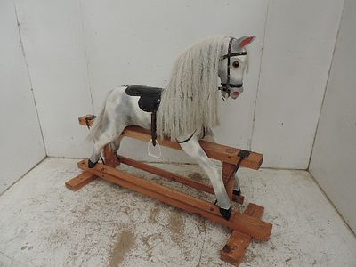 Traditional Carved Wooden & Pie Ball Decorated Rocking Horse with Grey Horses Hair Mane on 