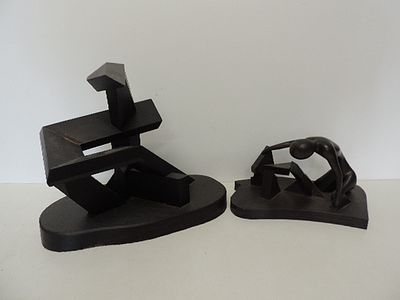 Modernist 14" Cubist Black Slate Finish Figure & One Other