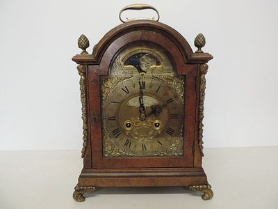 Early 20th Century Figured Walnut & & Ormolu Phases of the Moon Brass Face Bracket Clock 15" 