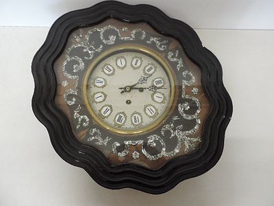 Antique French Ebonized Mother of Pearl Inlay Shaped Wall Clock 23"