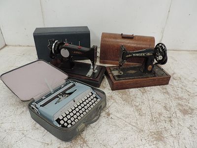 Vintage Oak Cased Singer Sewing Machine, One Other & Brother Traveling Typewriter