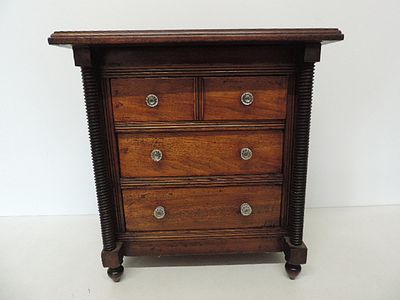 Miniature Regency Mahogany Two Over Two Drawer Apprentice Chest with Glass Bun Handles 17"