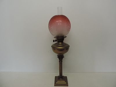 Victorian Brass Corinthian Column Oil Lamp with Cranberry Glass Shade 28"