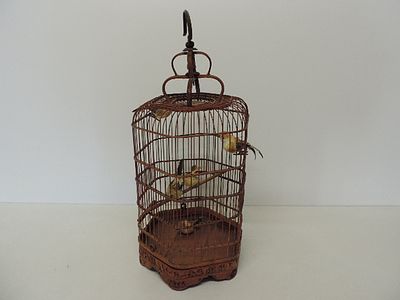 Oriental Split Bamboo & Decorated Bird Cage with Imitation Birds