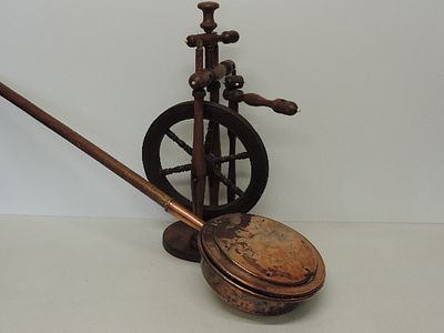 Antique Bobbin Turned Wool Winder & Wheel 25" Plus Copper Warming Pan