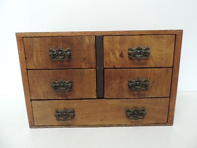 Walnut Miniature Four Over One Drawer Collector's Chest with Drop Handles 13"