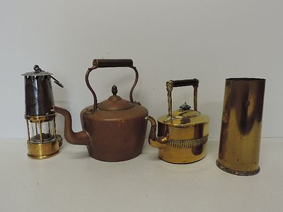 Antique Copper Kettle Plus Brass Kettle, Shell Case & Minors Lamp