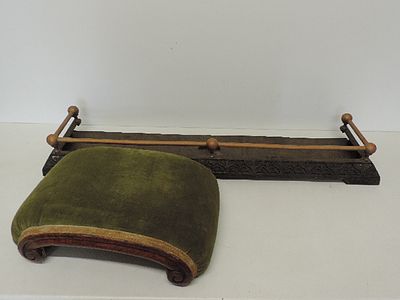 Victorian Cast Iron & Brass Fender Plus Carved Mahogany Upholstered Foot Stool
