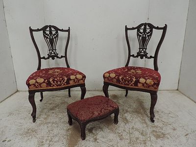 Pair of Edwardian Pierced Back Salon Side Chairs on Cabriole Lets Plus Foot Stool